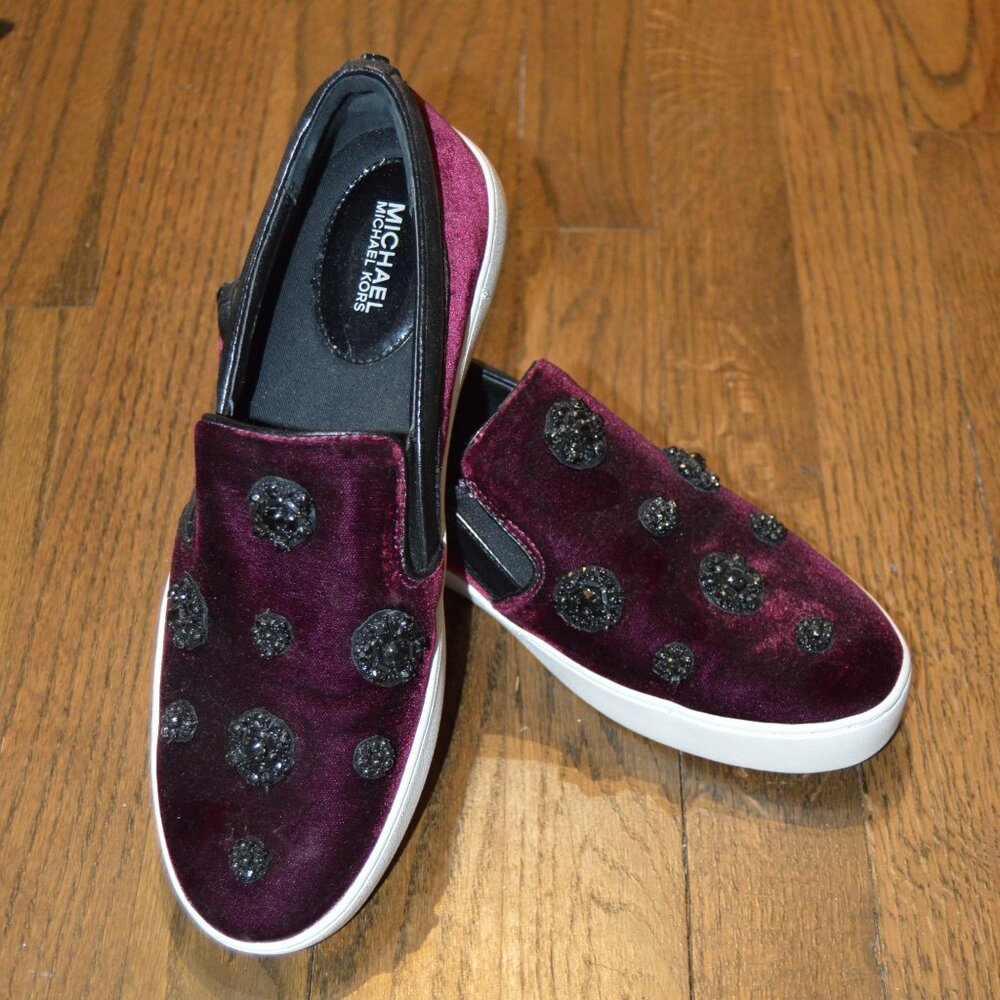MICHAEL KORS Women's Maroon Velvet Skate board style Shoes~Black Rhinestones 8.5